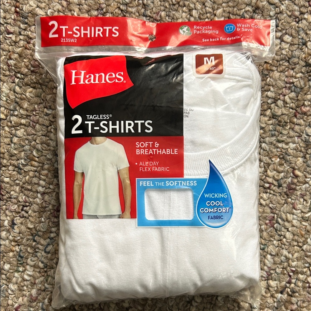 NEW Hanes Men's Tagless White T-Shirts 2-Pack Size M Medium